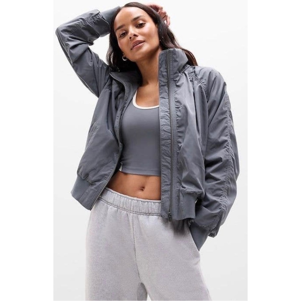 Athleta Jetset Bomber Jacket Women Large Gray Purple Water Repellent 818839 NWT